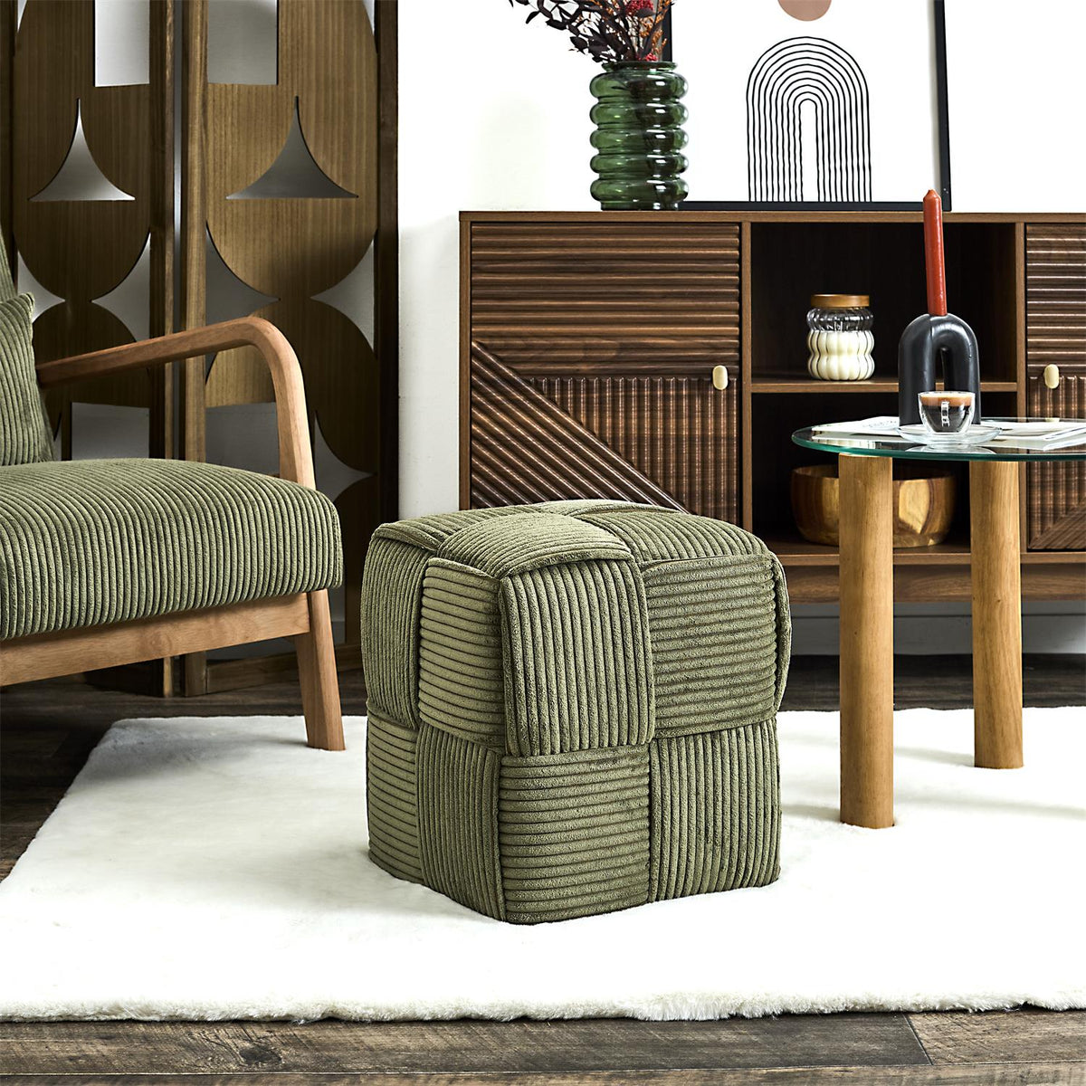 Pouf carré tressé en velours côtelé vert