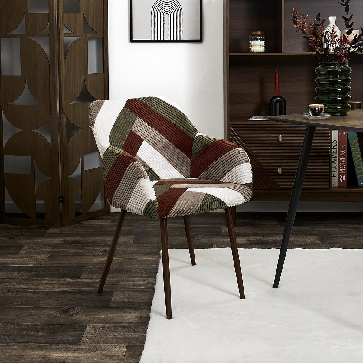 Lot de 2 chaises de table avec accoudoirs en velours côtelé patchwork pieds noirs