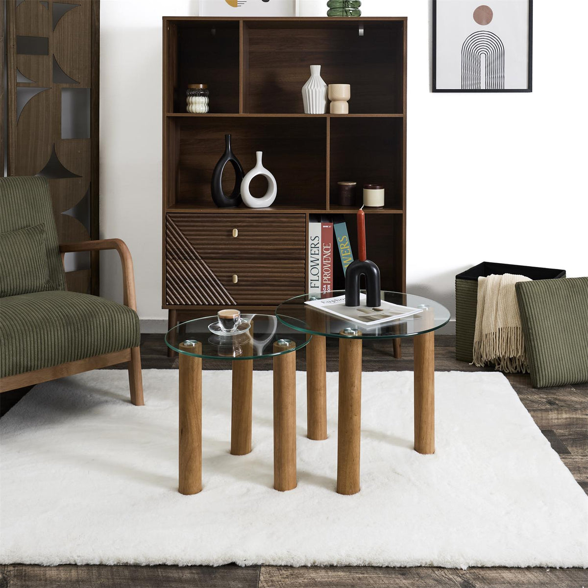 Lot de 2 tables basses gigognes rondes en verre trempé pieds en bois