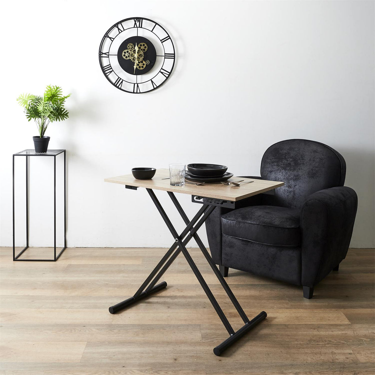 Table basse relevable effet bois et pieds métal noir L80 cm