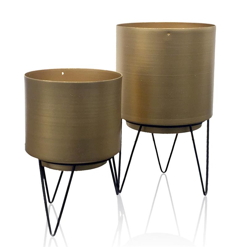 Lot de 2 pots de fleurs en métal doré H22