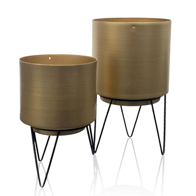 Lot de 2 pots de fleurs en métal doré H22