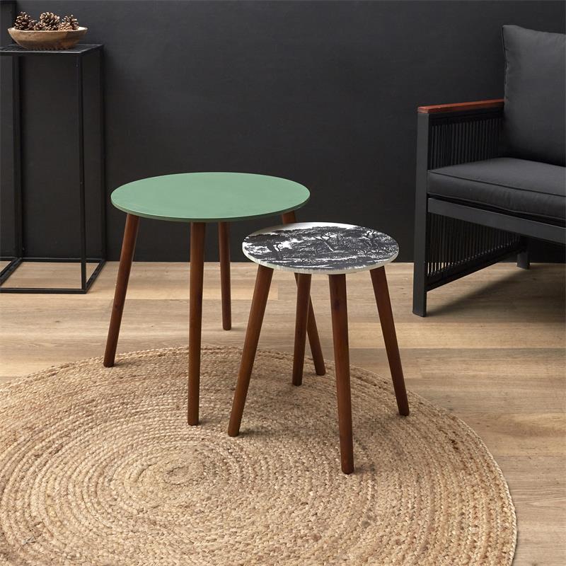Lot de 2 tables basses art déco en vert et bois foncé