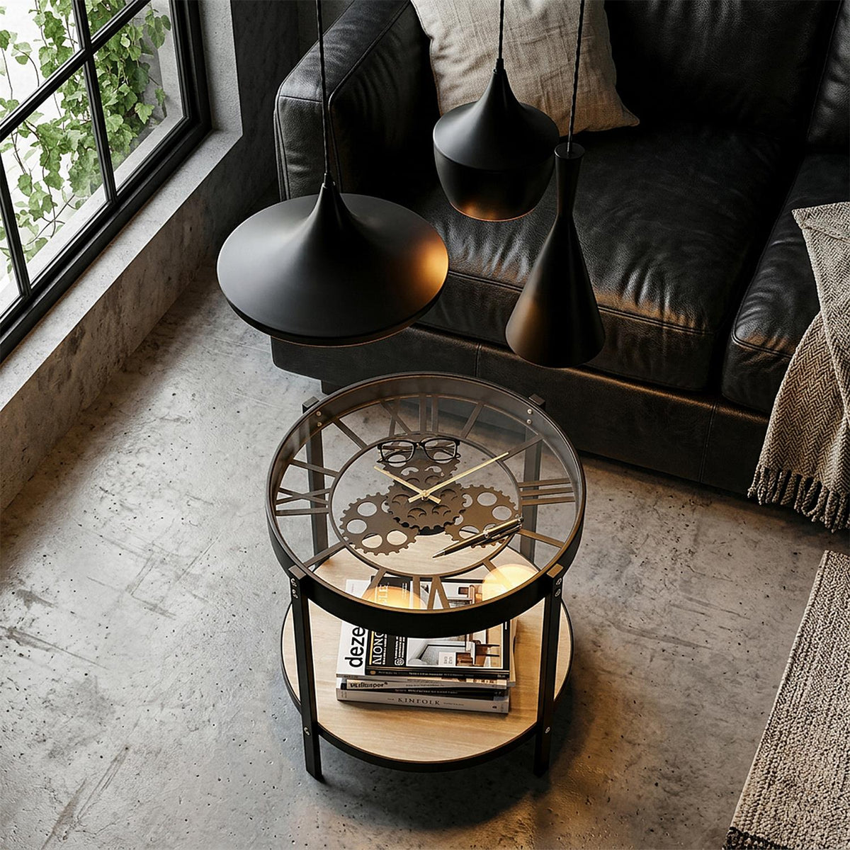 Table d'appoint horloge ronde en métal noir et plateau verre D40 cm