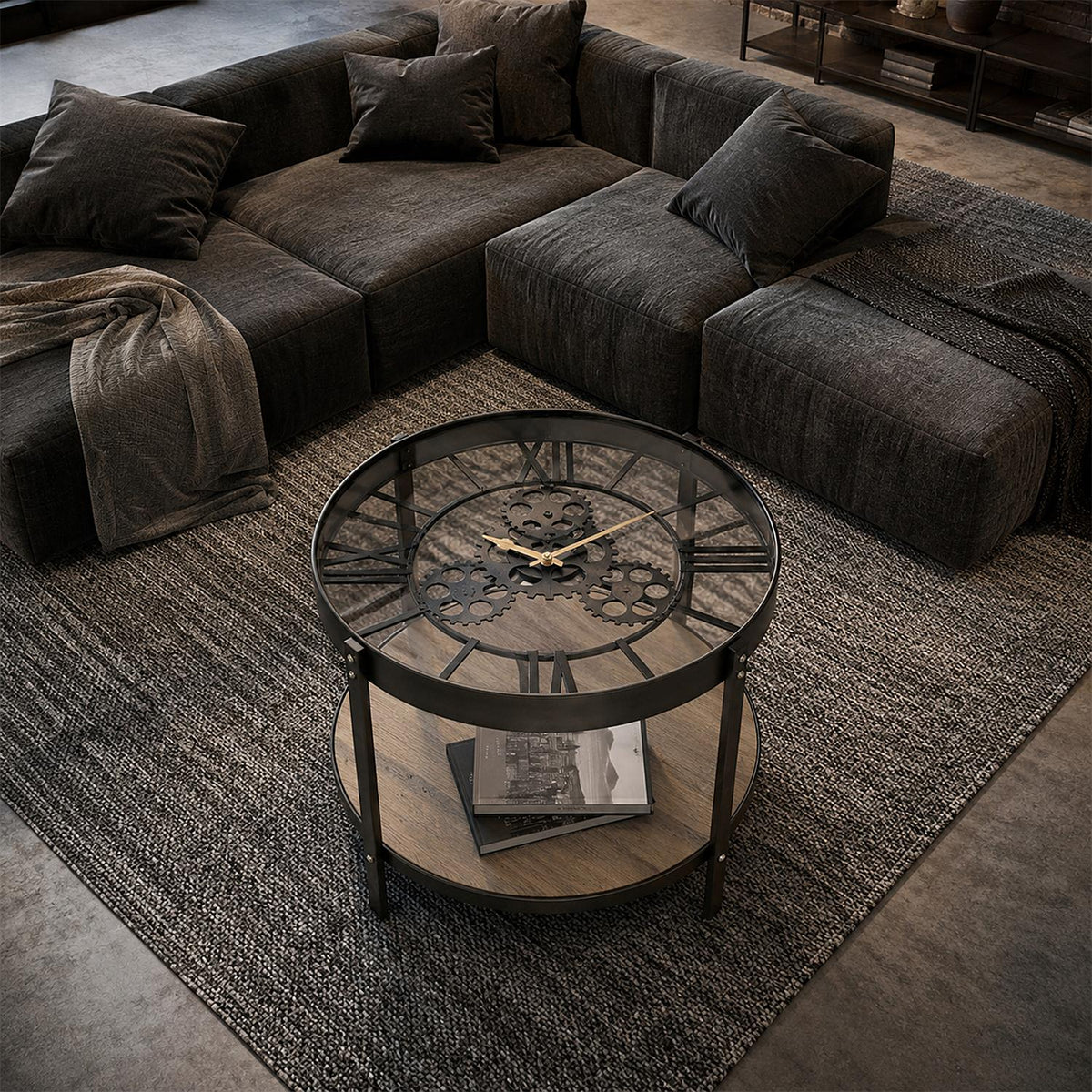 Table d'appoint horloge ronde en métal noir et plateau verre D50 cm