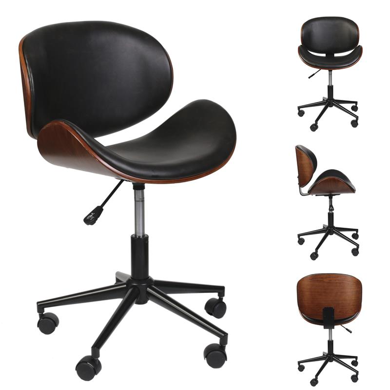 Silla con ruedas de madera oscura y polipiel negra