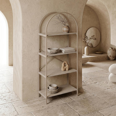 Étagère arche 4 niveaux en métal beige et tablettes effet pierre L60 cm