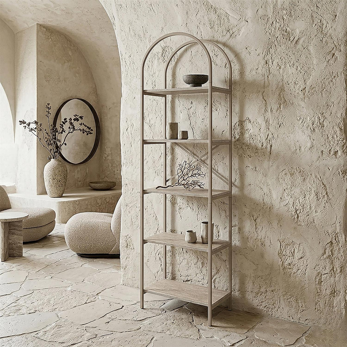 Étagère arche 5 niveaux en métal beige et tablettes effet pierre L40 cm