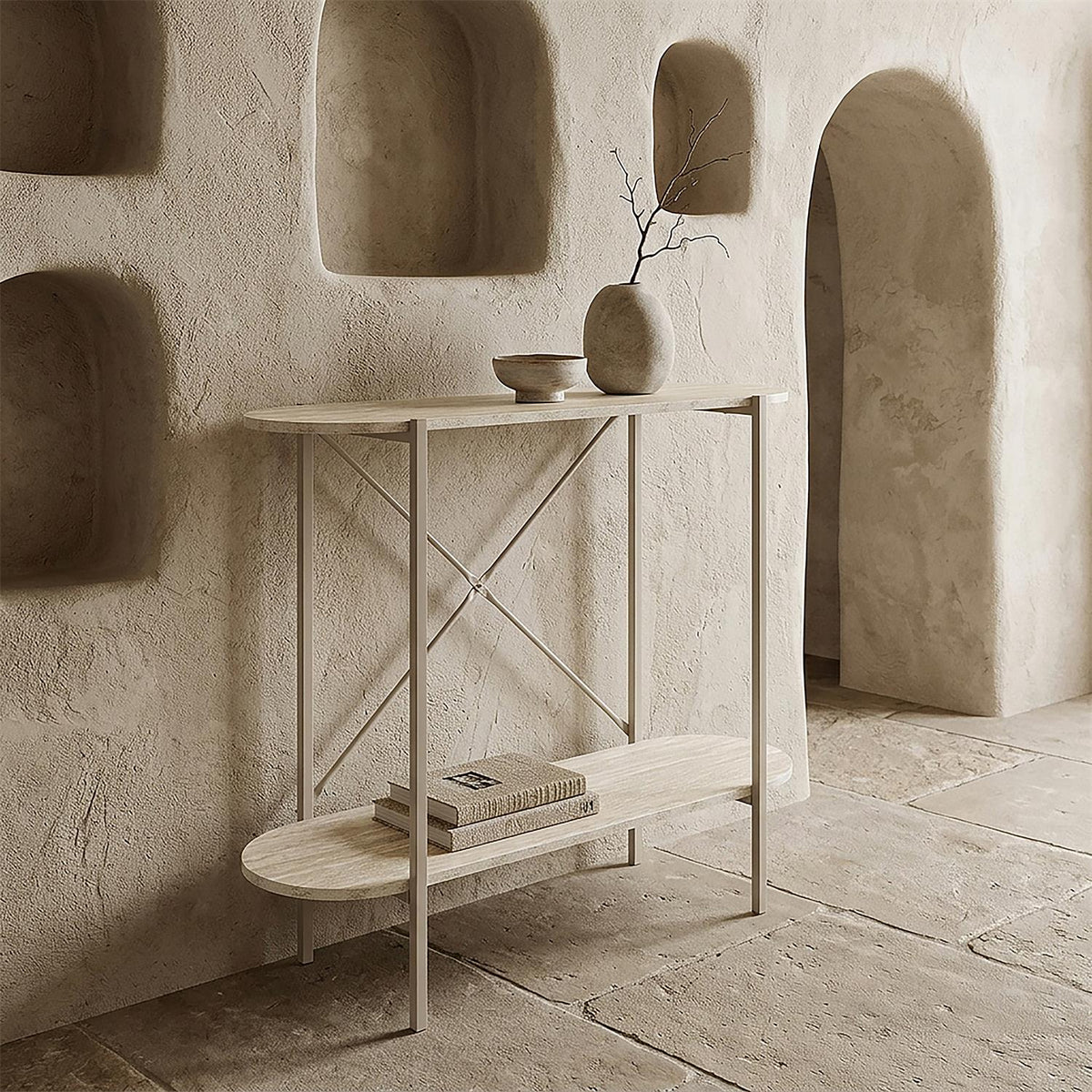 Console aérienne en métal beige et tablettes effet pierre L85 cm