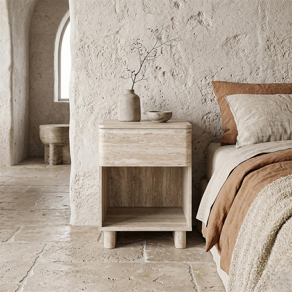 Table de chevet effet pierre beige 1 tiroir et niche