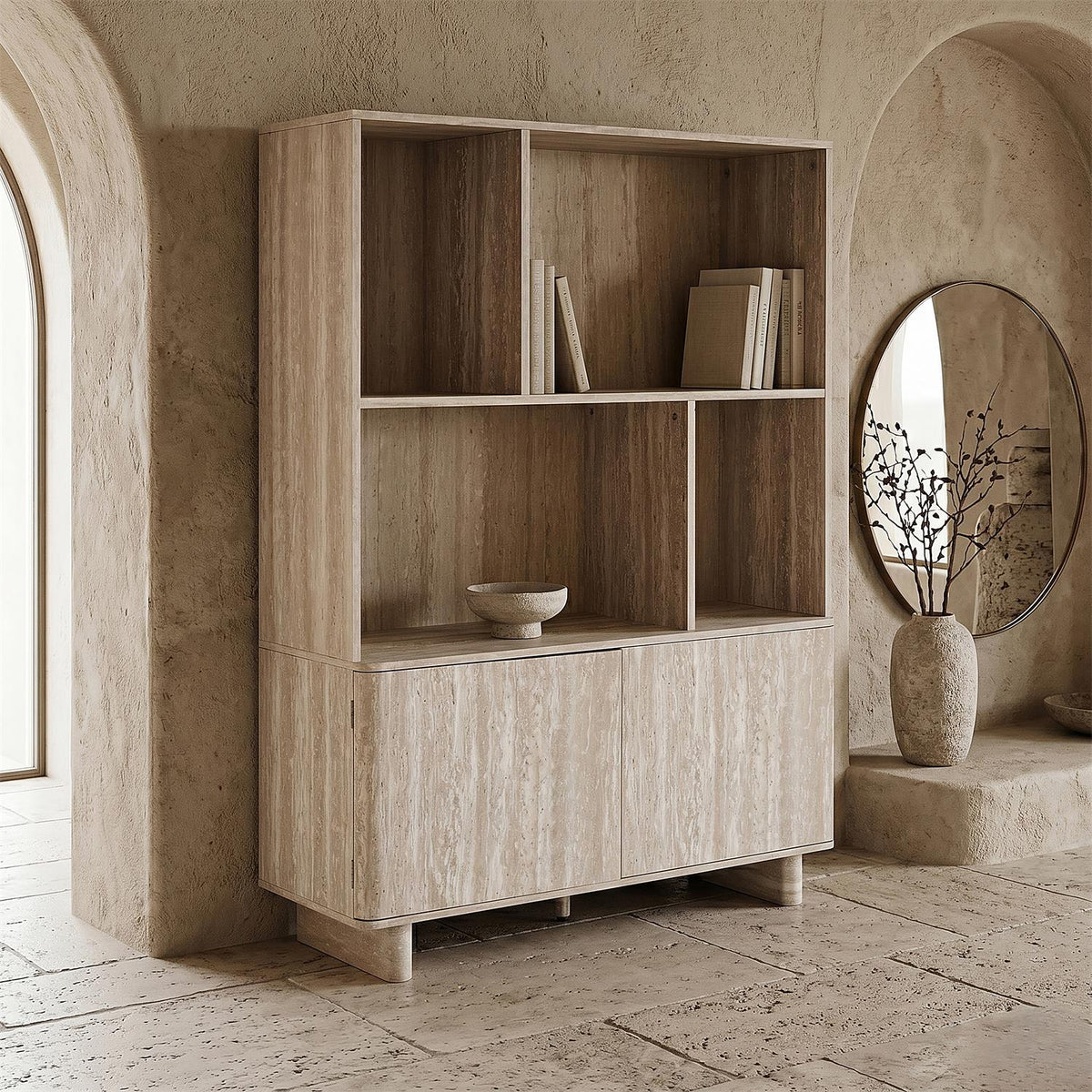 Bibliothèque effet pierre beige 4 niches et 2 portes L100 x H140 cm