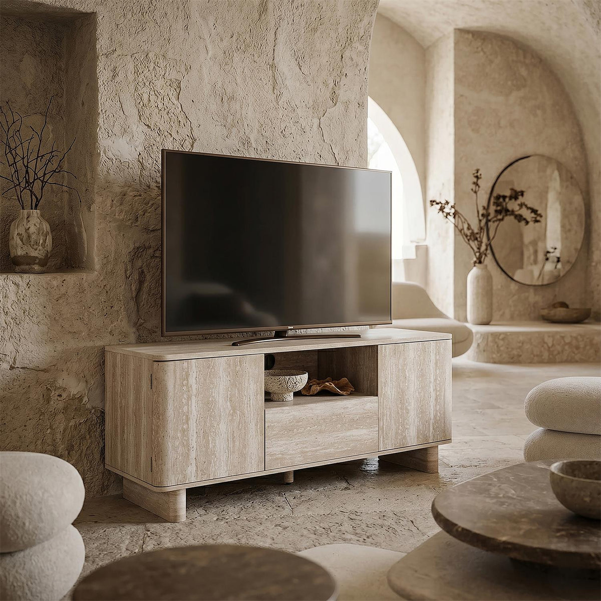 Meuble TV effet pierre beige 2 portes et niche centrale L110 cm