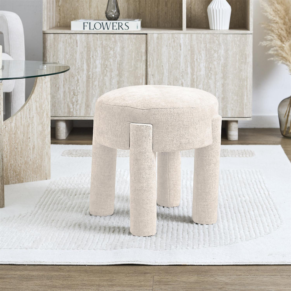 Tabouret rond bouclette écru pieds arrondis