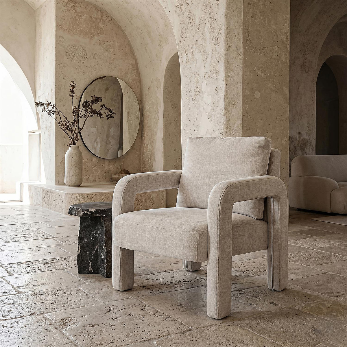 Fauteuil de salon en tissu bouclette blanc