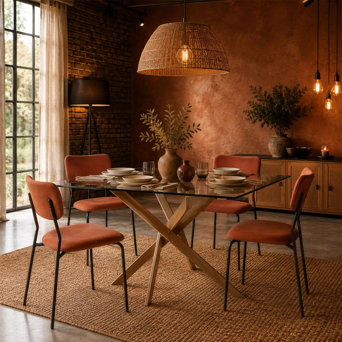 Lot de 4 chaises en velours côtelé terracotta pieds métal noir