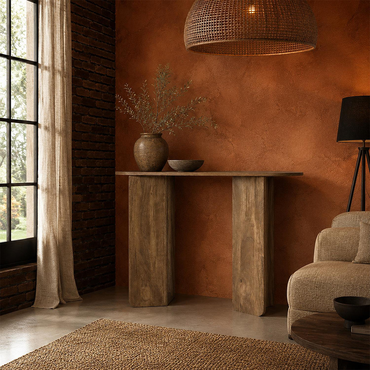 Console en bois pieds arrondis effet bois L100 cm