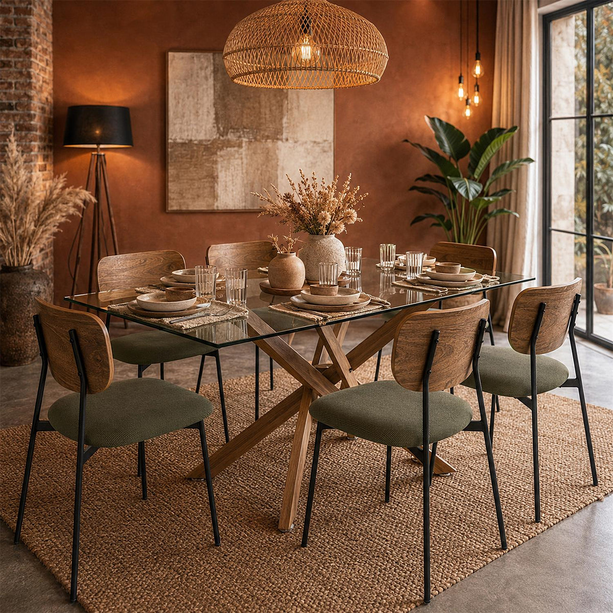 Lot de 4 chaises en velours côtelé vert dossier effet bois pieds noirs