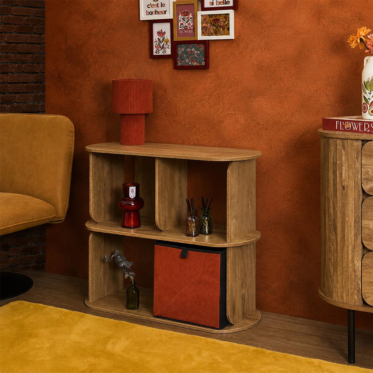 Étagère basse 4 cases arrondie style Art déco effet bois L79 cm
