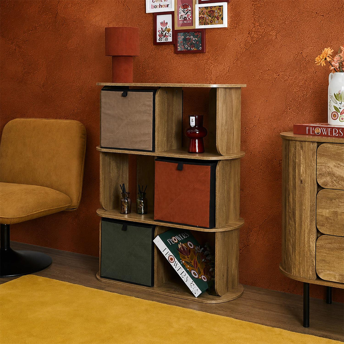 Étagère 6 cases arrondie style Art déco effet bois L79 cm