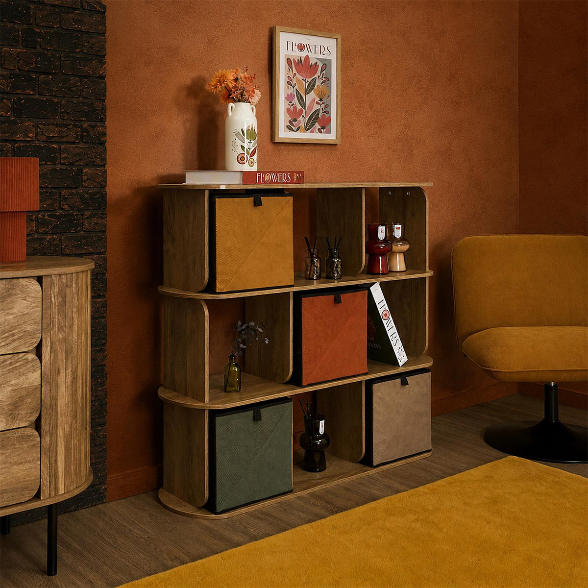 Étagère 9 cases arrondie style Art déco effet bois L111 cm