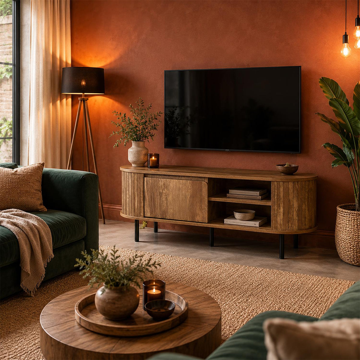Meuble TV arrondi style Art déco effet bois et pieds métal noir L117 cm