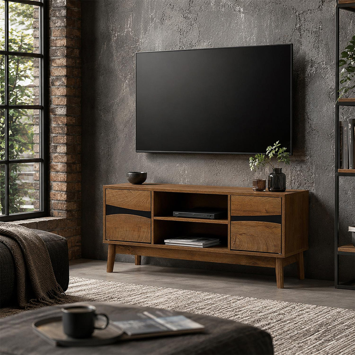 Meuble TV effet bois et noir pieds en pin L110 cm