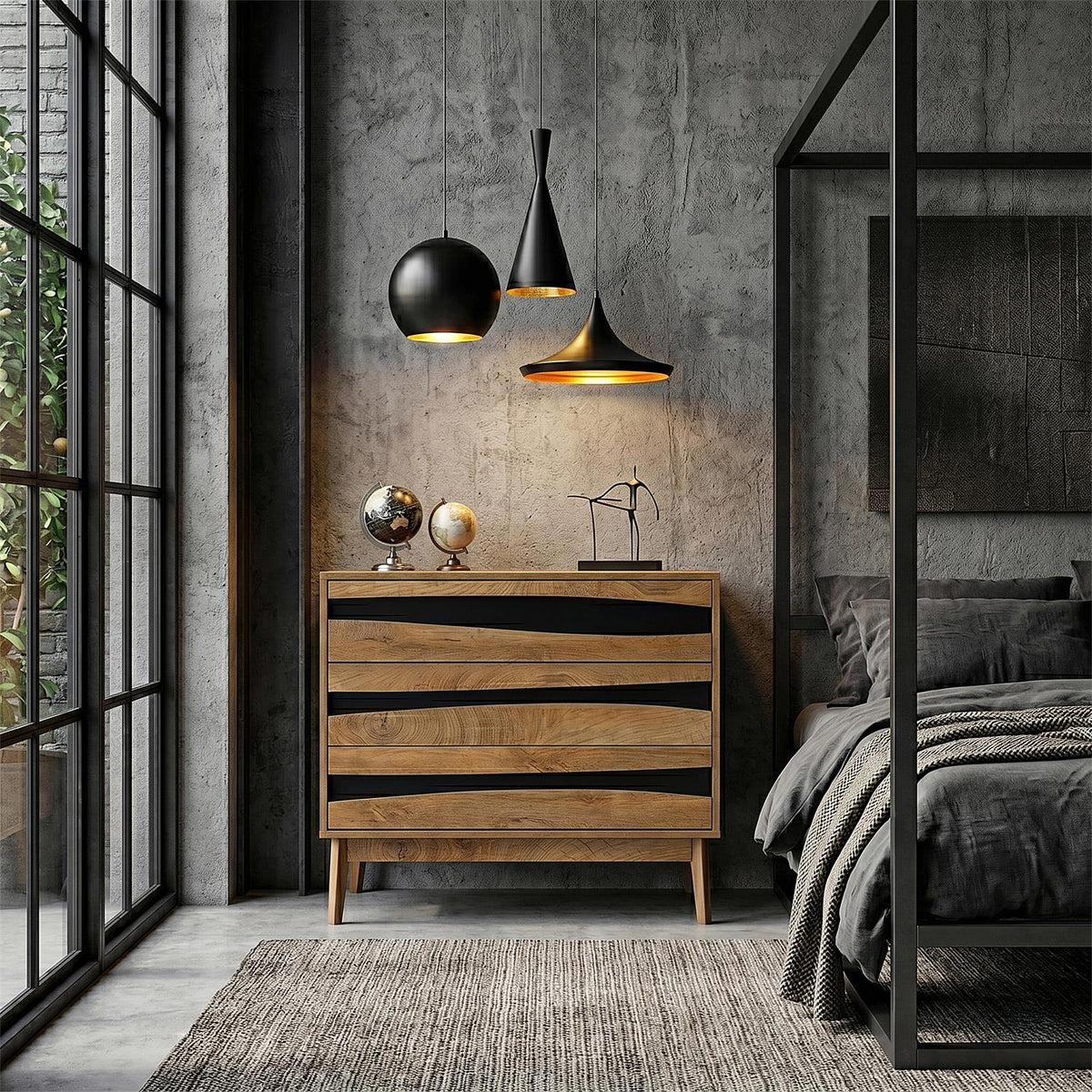 Commode 3 tiroirs effet bois et noir pieds en pin L90 cm