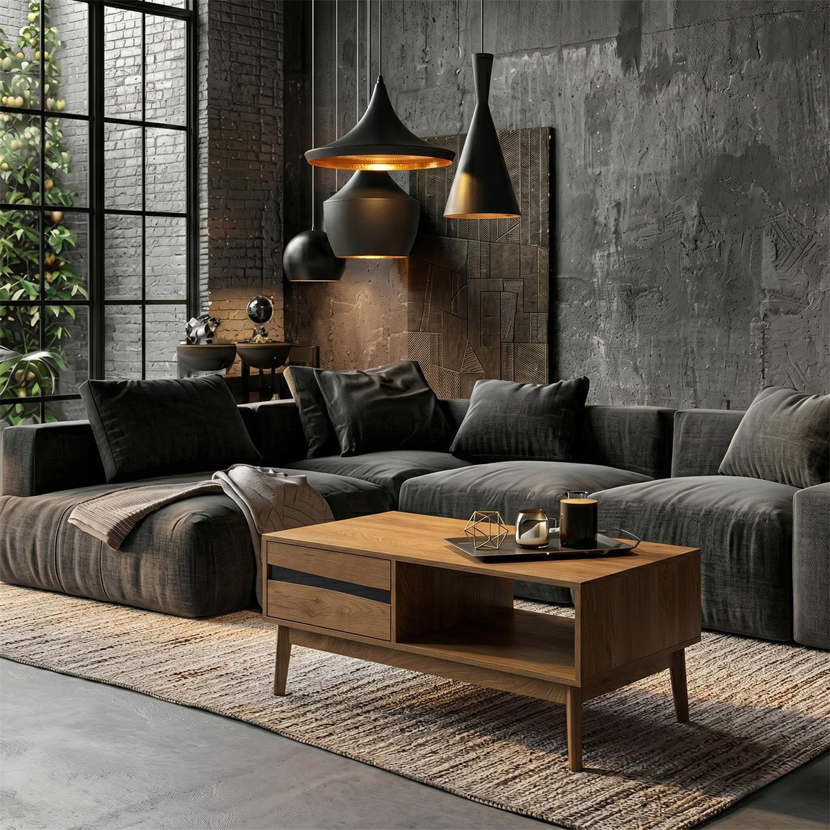 Table basse effet bois et noir avec tiroir pieds en pin L100 cm