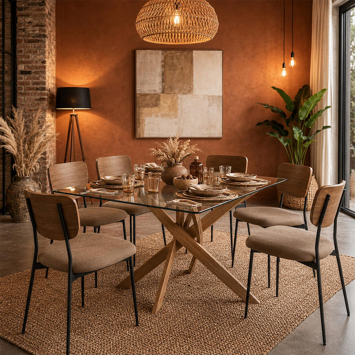 Table à manger en verre trempé pieds croisés effet bois 140 x 80 cm
