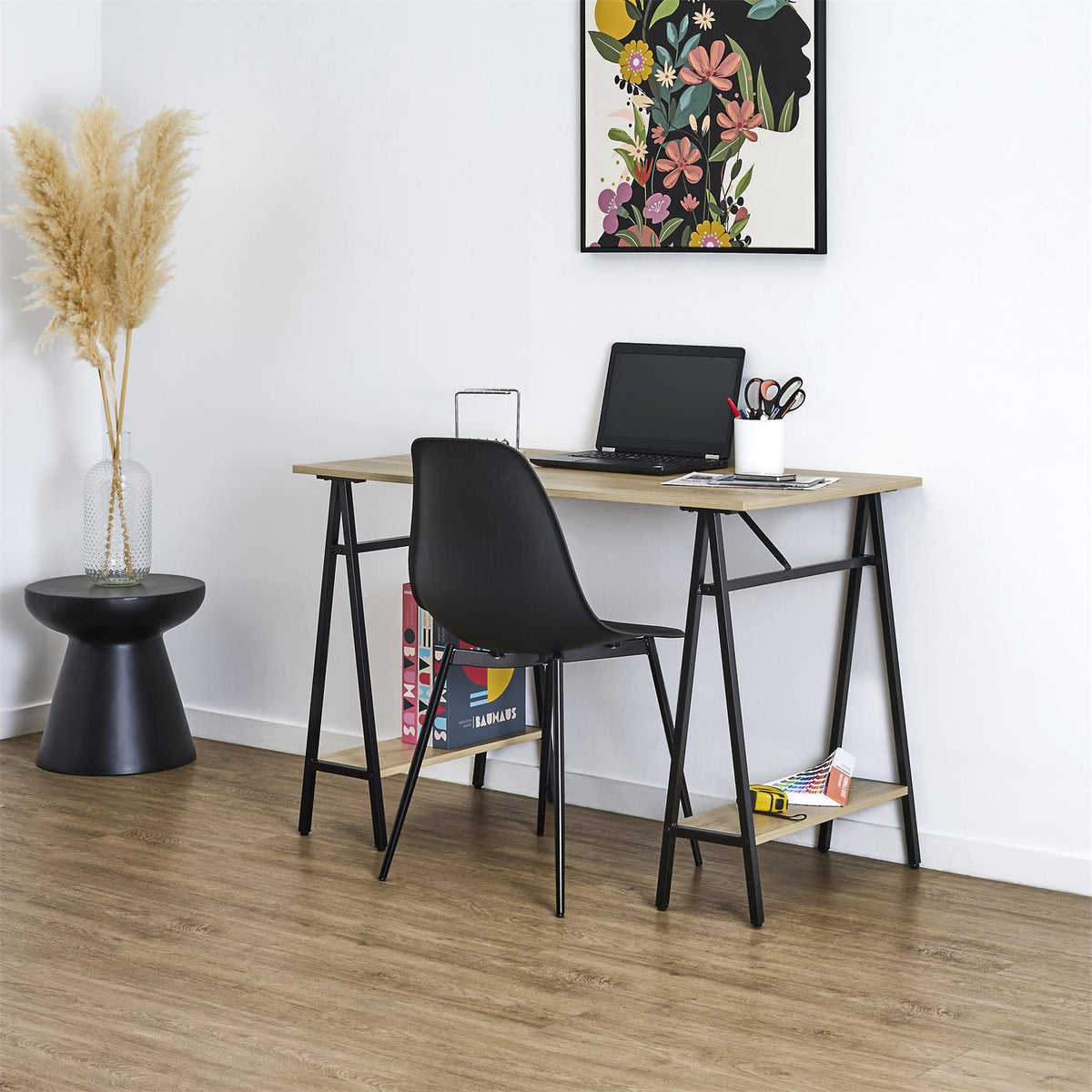 Bureau pieds tréteaux effet bois et métal noir 110 x 60 cm