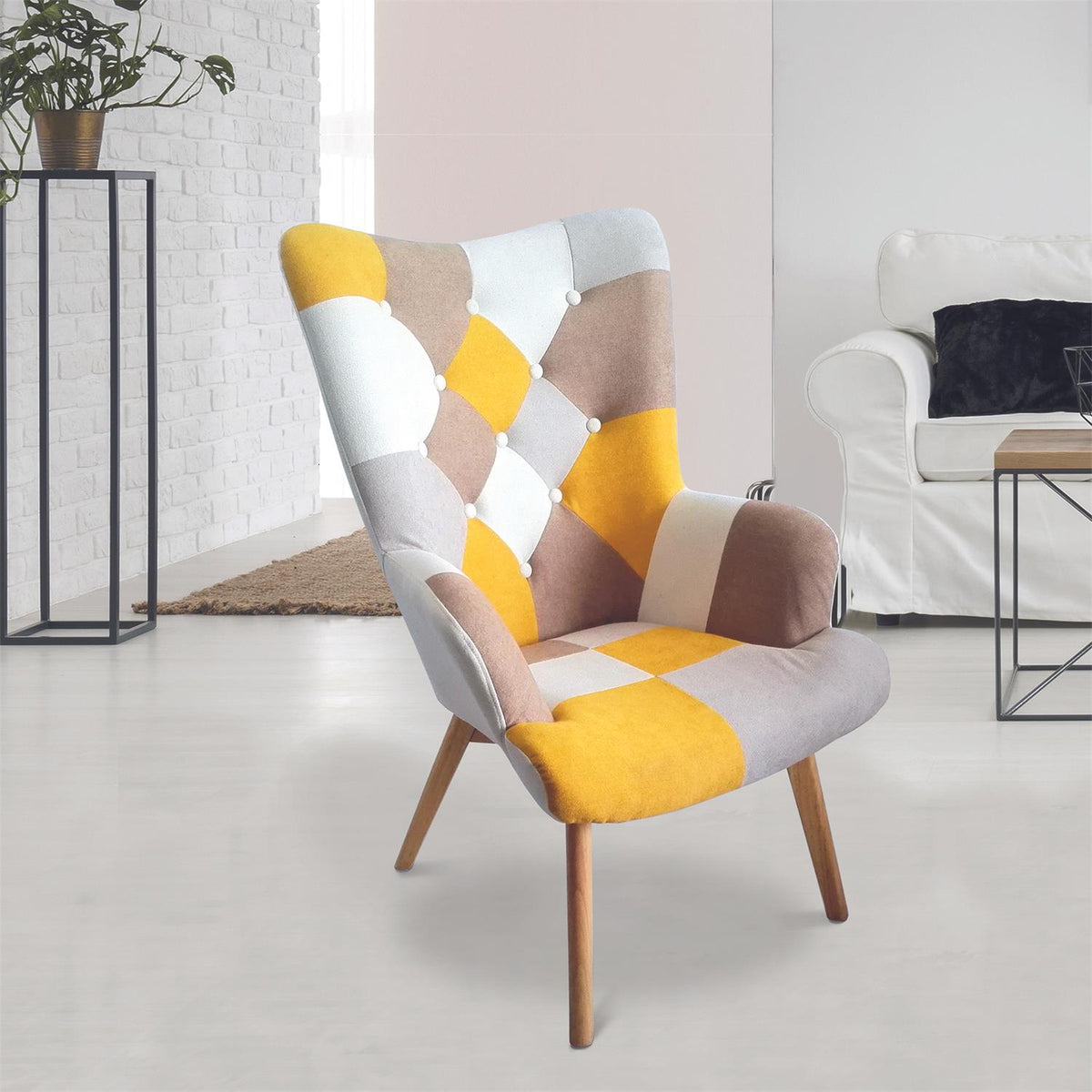 Fauteuil patchwork jaune pieds en bois