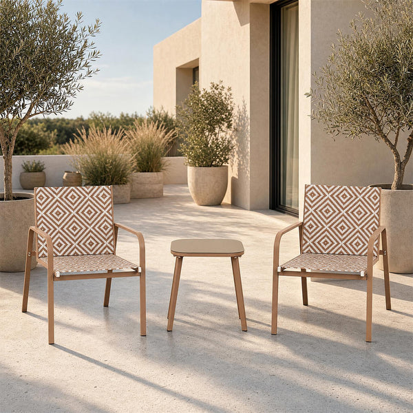 Salon de jardin 3 pièces 2 fauteuils et table basse motif géométrique beige