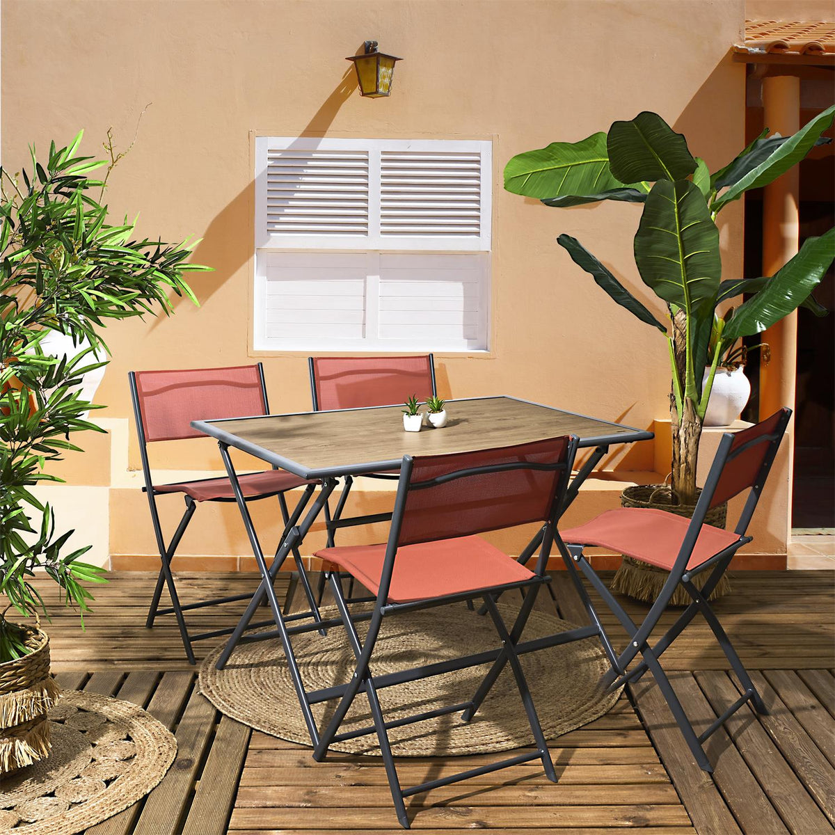 Table de jardin pliante plateau en verre effet bois et métal gris 110 x 70 cm
