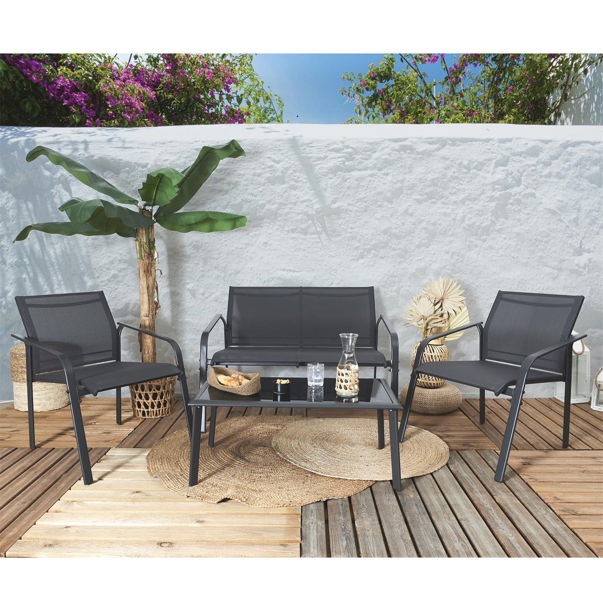 Salon de jardin 4 pièces en métal et toile gris anthracite