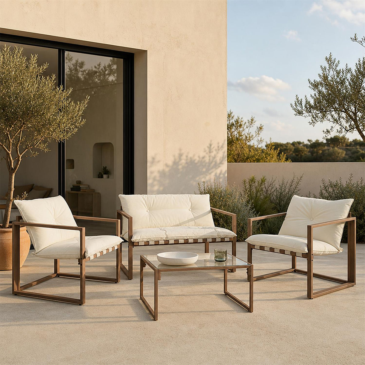 Salon de jardin 4 pièces en métal marron et coussins blancs