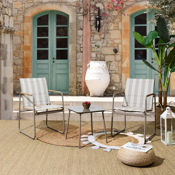 Salón de jardín de 3 piezas con 2 sillones de rayas y mesa de centro beige