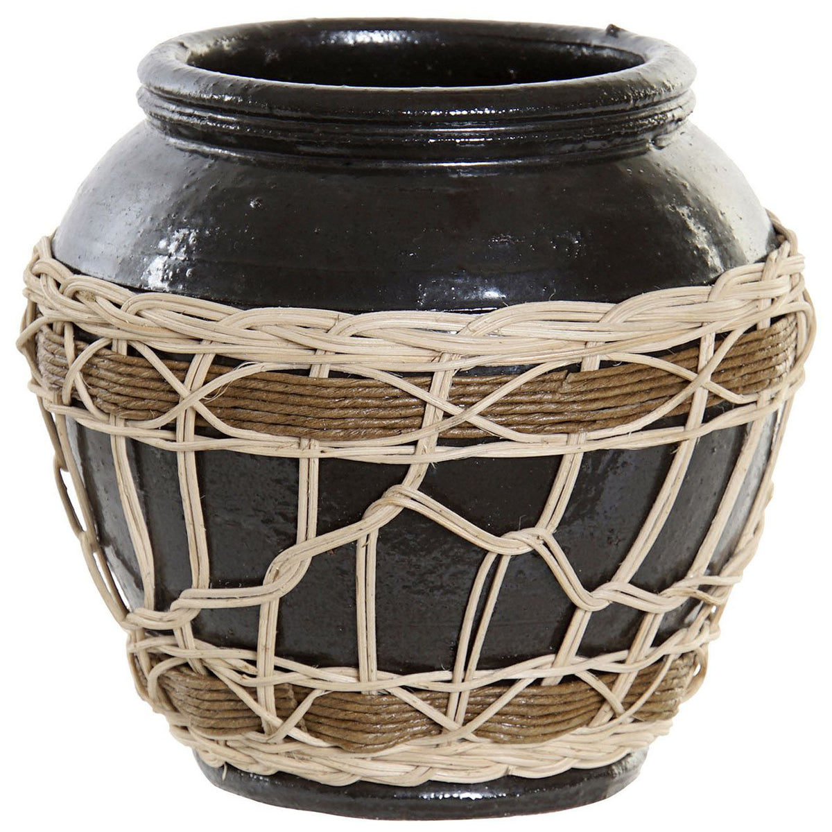 Vase noir en grès et en rotin H20
