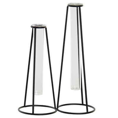 lot de 2 vases fioles en verre et métal H25