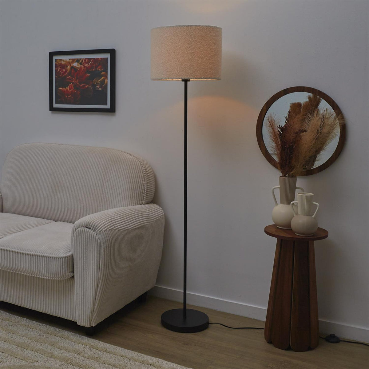 Lampadaire abat-jour bouclette blanc et pied métal noir H150 cm