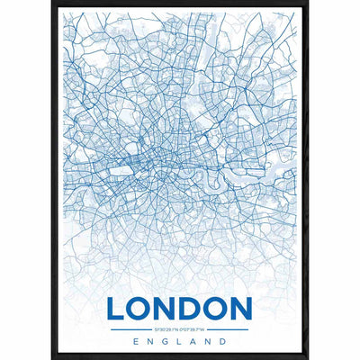 Tableau LONDON avec cadre noir ALL BLEU – Taille 32x42