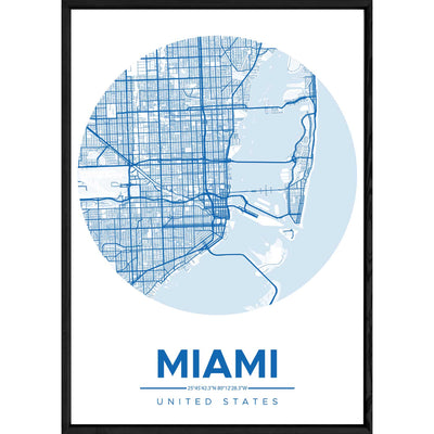 Tableau MIAMI avec cadre noir ROUND BLEU – Taille 32x42
