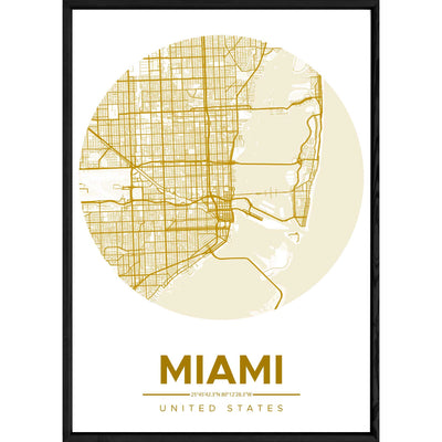 Tableau MIAMI avec cadre noir ROUND JAUNE – Taille 32x42