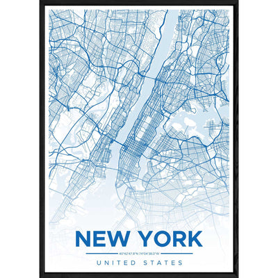 Tableau NEW YORK avec cadre noir ALL BLEU – Taille 32x42