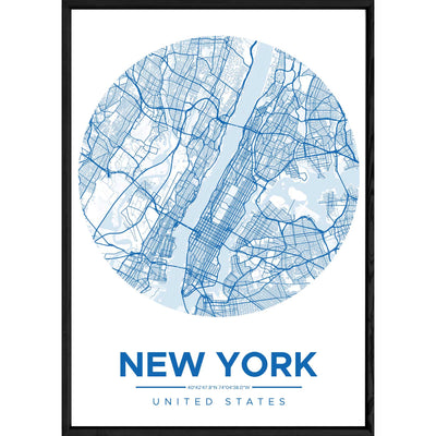 Tableau NEW YORK avec cadre noir ROUND BLEU – Taille 32x42