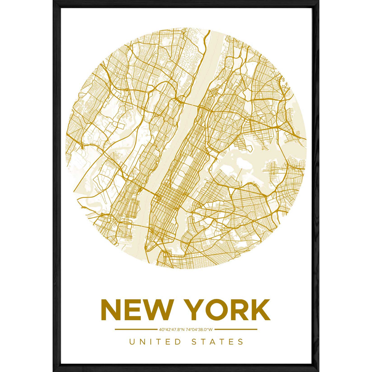 Tableau NEW YORK avec cadre noir ROUND JAUNE – Taille 32x42