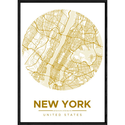 Tableau NEW YORK avec cadre noir ROUND JAUNE – Taille 32x42
