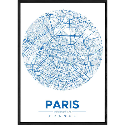 Tableau PARIS avec cadre noir ROUND BLEU – Taille 32x42