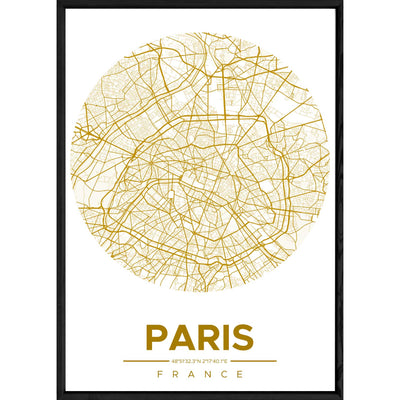 Tableau PARIS avec cadre noir ROUND JAUNE – Taille 32x42