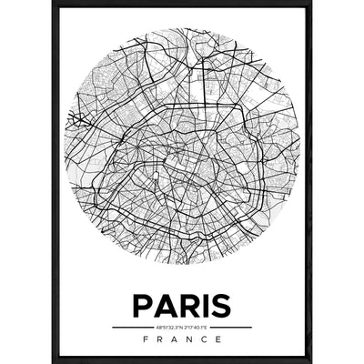 Tableau PARIS avec cadre noir ROUND MONOCHROME – Taille 32x42