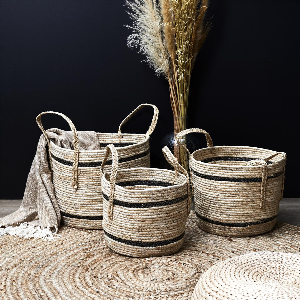 Lot de 3 paniers en fibre de maïs naturel et noir